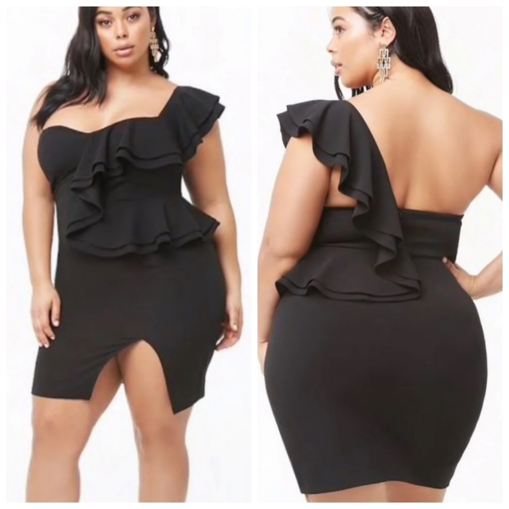 One Shoulder Ruffle Detail Black Dress